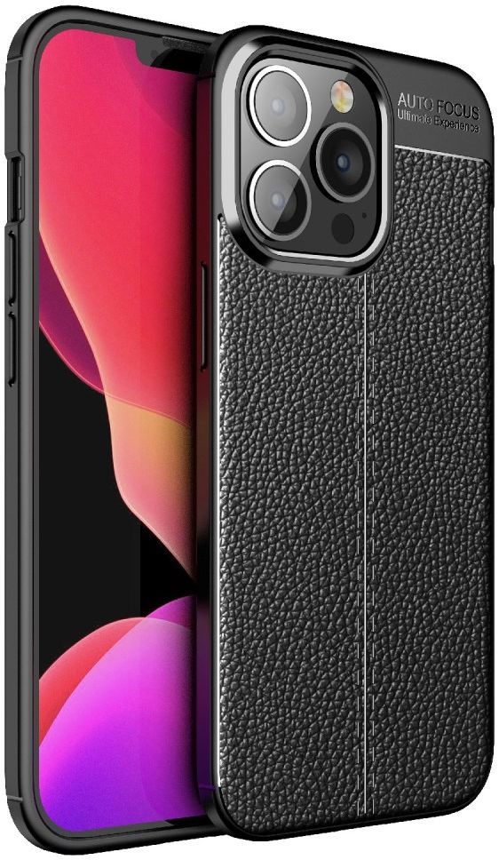 Apple iPhone 13 Pro Hoesje Litchi Skin Kunstleer Back Cover Zwart afbeelding 1