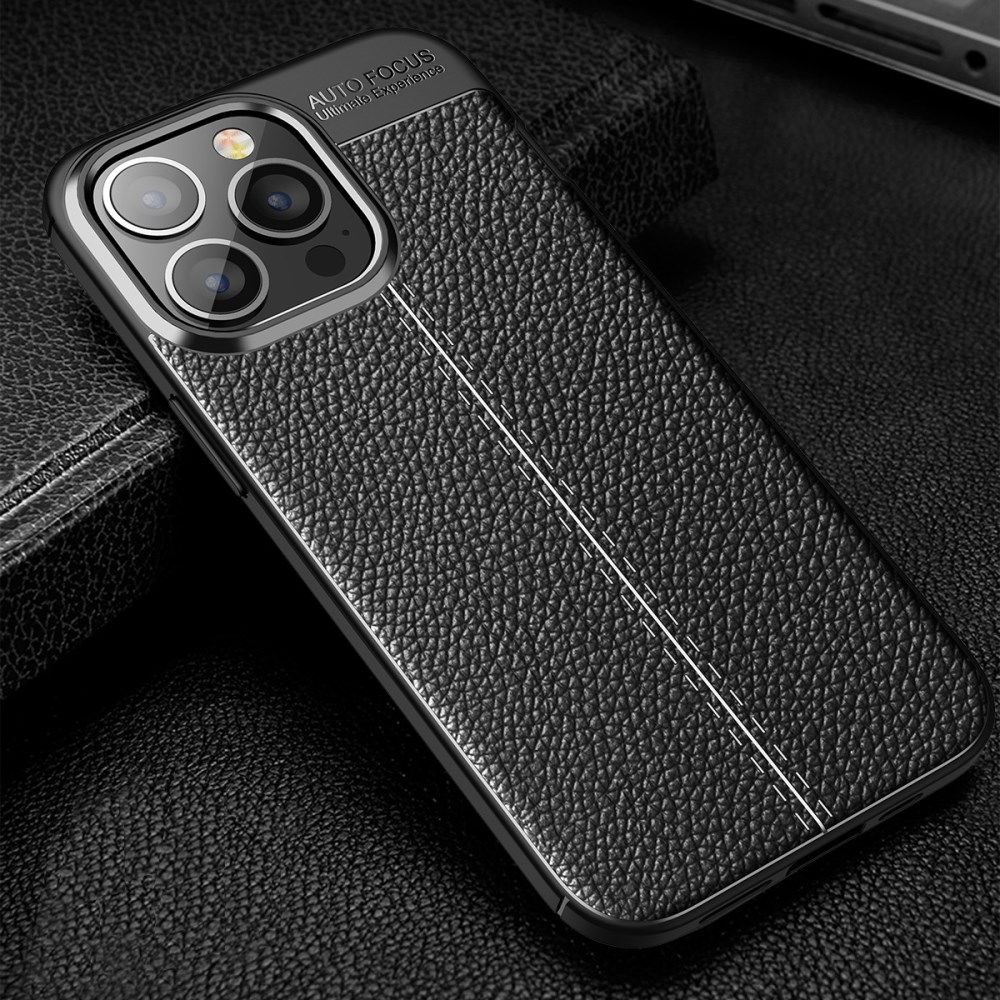 Apple iPhone 13 Pro Hoesje Litchi Skin Kunstleer Back Cover Zwart afbeelding 9