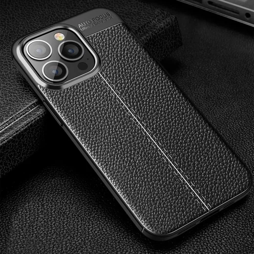 Apple iPhone 13 Pro Hoesje Litchi Skin Kunstleer Back Cover Zwart afbeelding 9