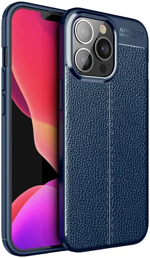 Apple iPhone 13 Pro Hoesje Litchi Skin Kunstleer Back Cover Blauw afbeelding 1