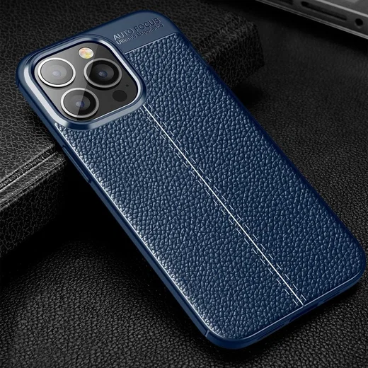 Apple iPhone 13 Pro Hoesje Litchi Skin Kunstleer Back Cover Blauw afbeelding 4