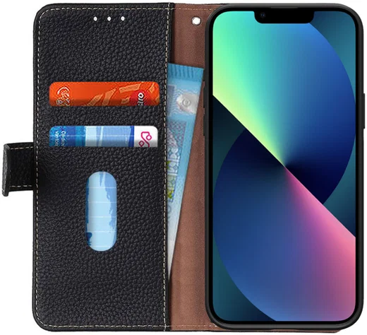 KHAZNEH Apple iPhone 13 Hoesje Portemonnee Echt Leer Zwart afbeelding 1