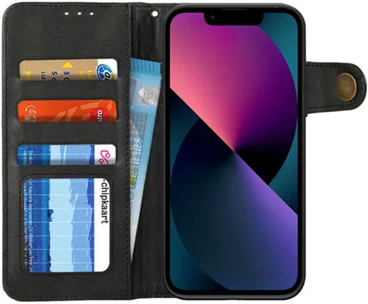Apple iPhone 13 Mini Hoesje Retro Wallet Book Case met Koord Zwart afbeelding 1