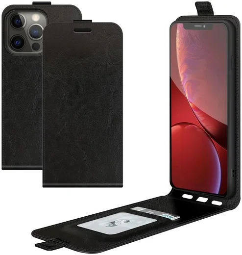 Apple iPhone 13 Pro Hoesje Verticale Flip Wallet Case Kunstleer Zwart afbeelding 6
