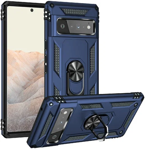 Google Pixel 6 Pro Hoesje Hybride met Kickstand Back Cover Blauw afbeelding 1