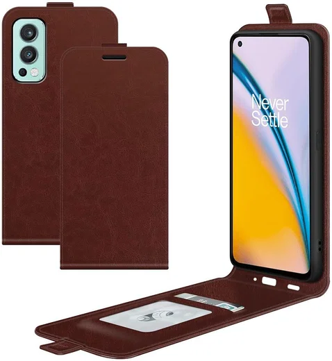 OnePlus Nord 2 5G Hoesje Verticale Flip Wallet Case Kunstleer Bruin afbeelding 7
