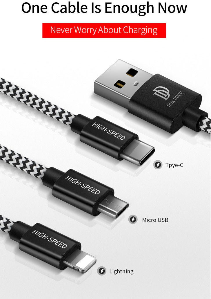 Dux Ducis 3-in-1 2.4A USB naar Lightning/USB-C/MicroUSB Kabel 1.2M afbeelding 5