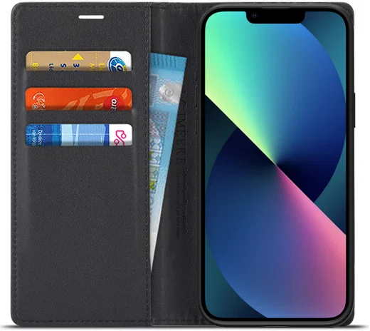 Apple iPhone 13 Hoesje Carbon Fiber Portemonnee Book Case Zwart afbeelding 1