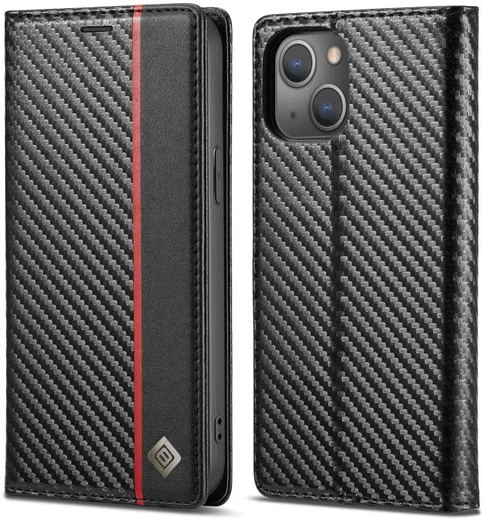 Apple iPhone 13 Hoesje Carbon Fiber Portemonnee Book Case Zwart afbeelding 3
