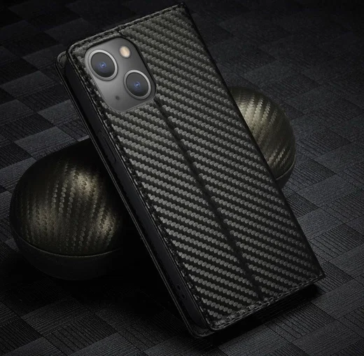 Apple iPhone 13 Hoesje Carbon Fiber Portemonnee Book Case Zwart afbeelding 8