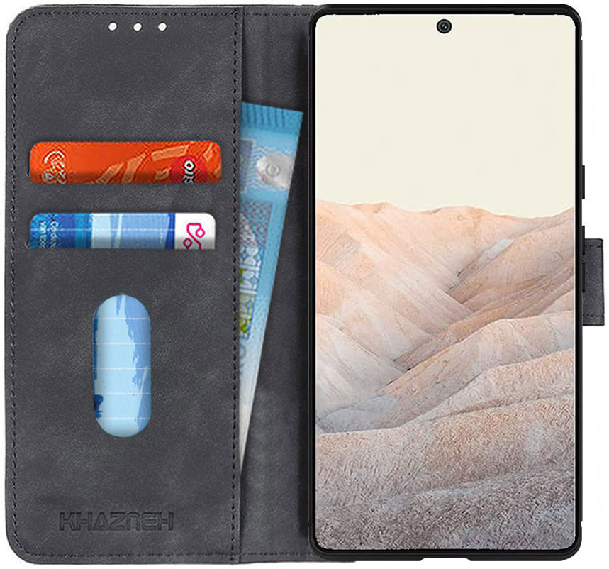 KHAZNEH Google Pixel 6 Pro Hoesje Vintage Wallet Book Case Zwart afbeelding 1