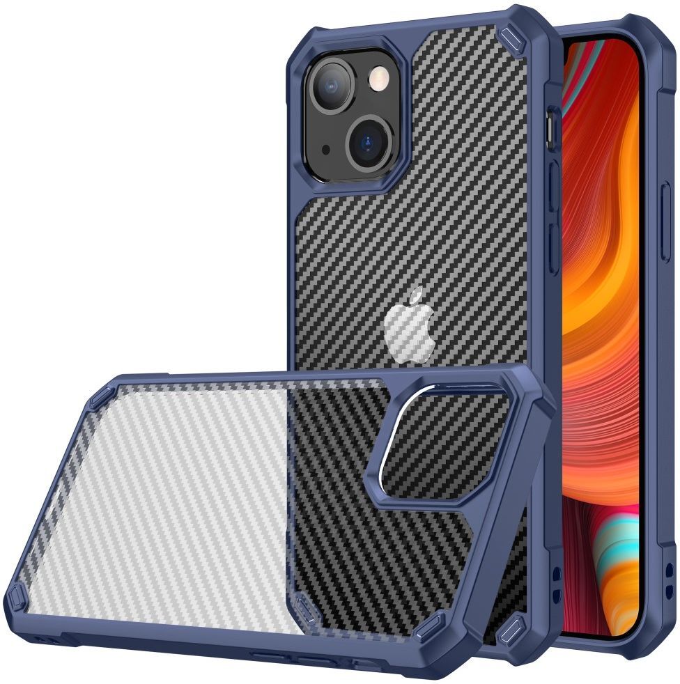Apple iPhone 13 Hoesje Carbon Back Cover Schokbestendig Blauw afbeelding 1