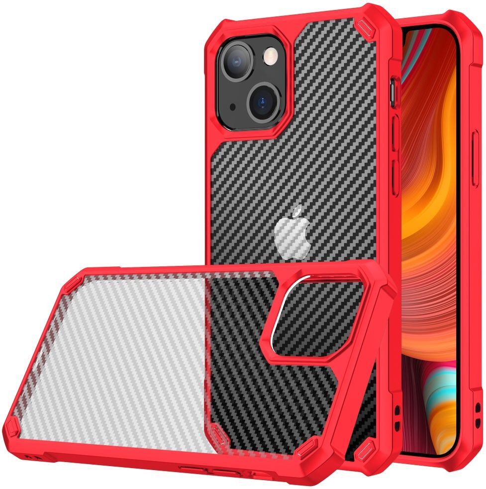 Apple iPhone 13 Hoesje Carbon Back Cover Schokbestendig Rood afbeelding 1