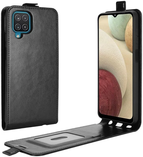 Samsung Galaxy A12 Hoesje Verticale Flip Wallet Case Kunstleer Zwart afbeelding 3
