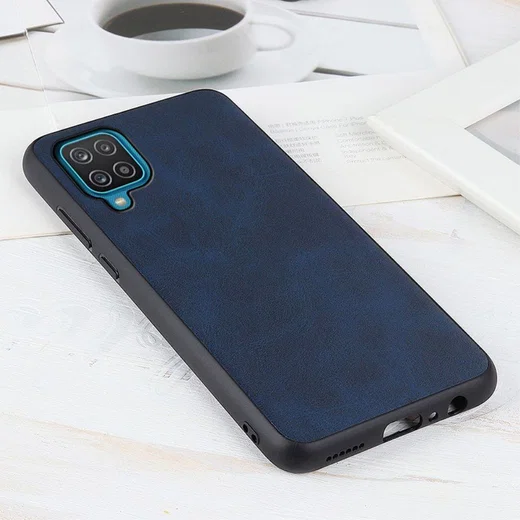 Samsung Galaxy A12 Hoesje Back Cover met Kunstleer Coating Blauw afbeelding 2