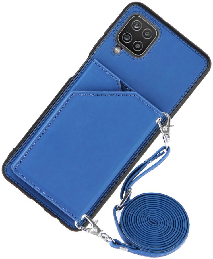 Samsung Galaxy A12 Hoesje Portemonnee Back Cover met Koord Blauw afbeelding 2