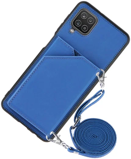 Samsung Galaxy A12 Hoesje Portemonnee Back Cover met Koord Blauw afbeelding 2