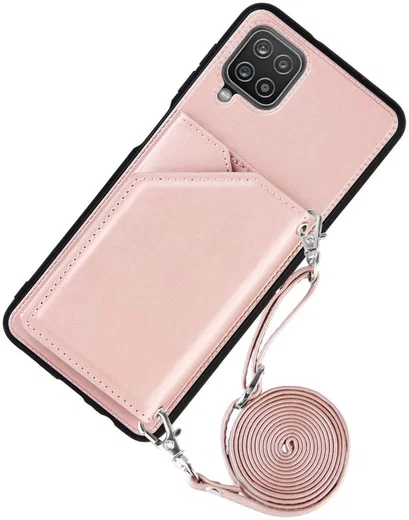 Samsung Galaxy A12 Hoesje Portemonnee Back Cover met Koord Roze Goud afbeelding 2