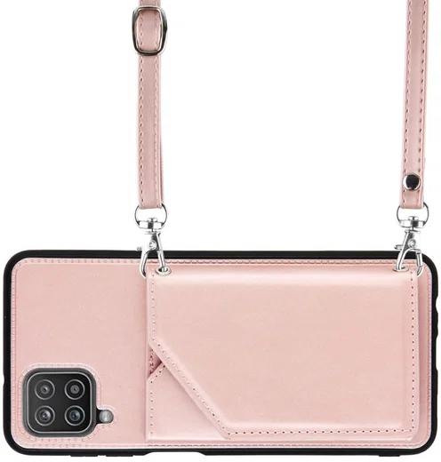 Samsung Galaxy A12 Hoesje Portemonnee Back Cover met Koord Roze Goud afbeelding 5