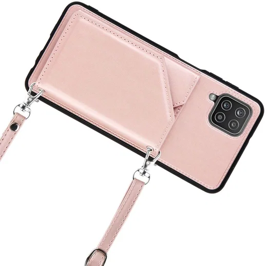 Samsung Galaxy A12 Hoesje Portemonnee Back Cover met Koord Roze Goud afbeelding 6