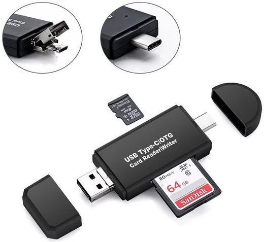 On The Go Geheugenkaartlezer USB 2.0 / MicroUSB / USB-C Cardreader afbeelding 1