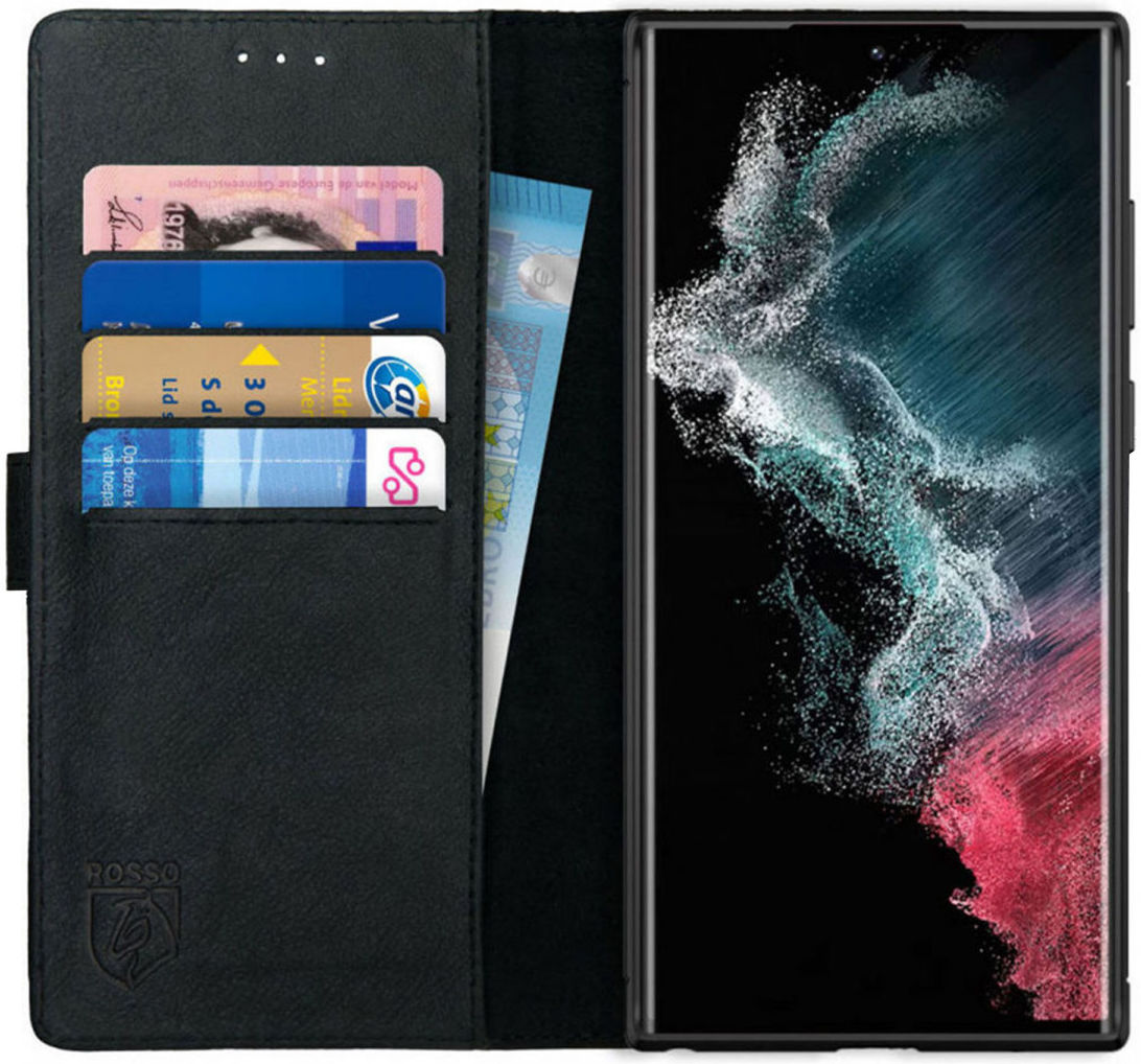Rosso Deluxe Samsung Galaxy S22 Ultra Hoesje Wallet Case Leer Zwart afbeelding 1