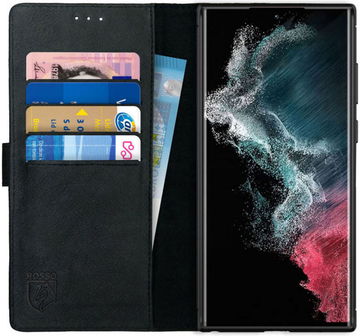 Rosso Deluxe Samsung Galaxy S22 Ultra Hoesje Wallet Case Leer Zwart