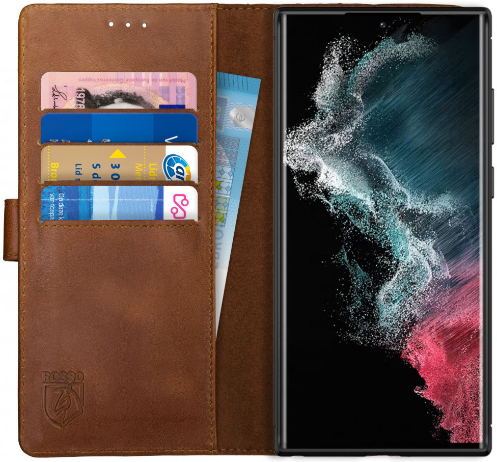 Rosso Deluxe Samsung Galaxy S22 Ultra Hoesje Wallet Case Leer Bruin afbeelding 1