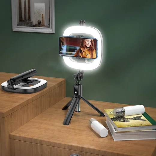 Hoco LED Ring Licht Tripod Statief Houder / Selfie Stick Zwart afbeelding 6