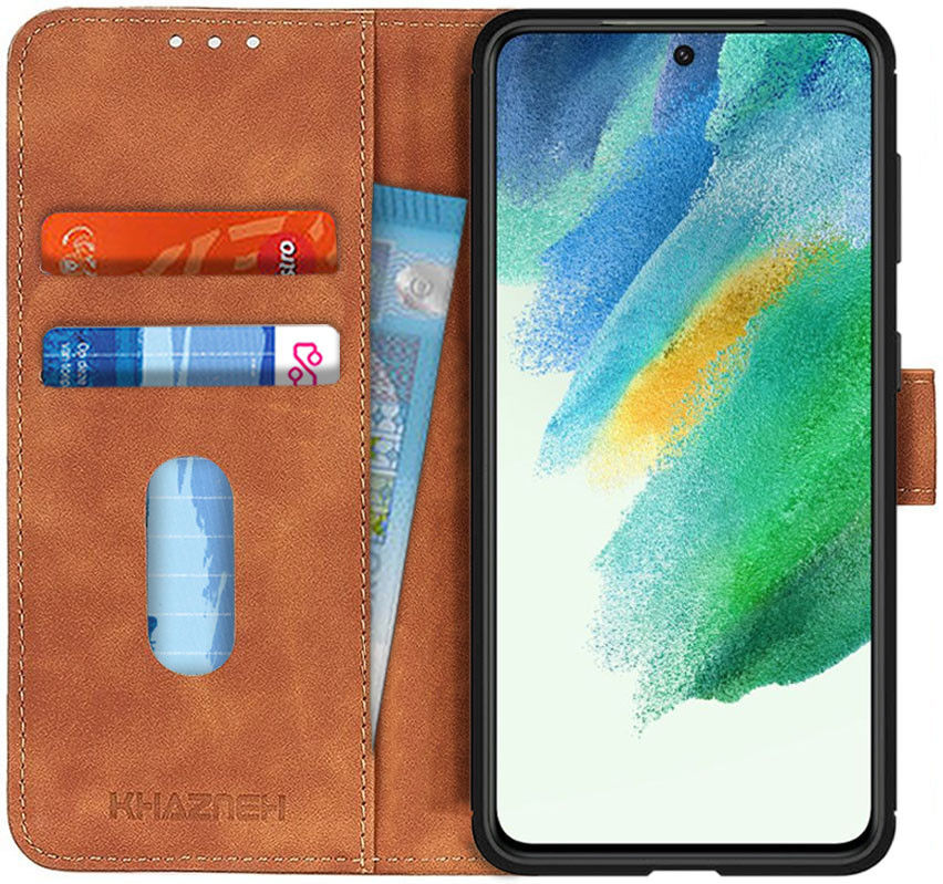 KHAZNEH Samsung Galaxy S21 FE Hoesje Vintage Wallet Book Case Bruin afbeelding 1
