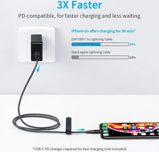 ESR USB-C naar Apple Lightning Kabel MFi 2M Zwart afbeelding 2