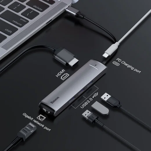 Baseus USB 3.0 / USB-C PD 87W / HDMI 4K / RJ45 LAN Laptop/Macbook Hub afbeelding 2