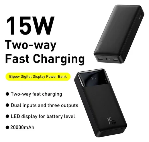 Baseus Bipow 20.000 mAh USB-C Powerbank Reisformaat Met Display Zwart afbeelding 6