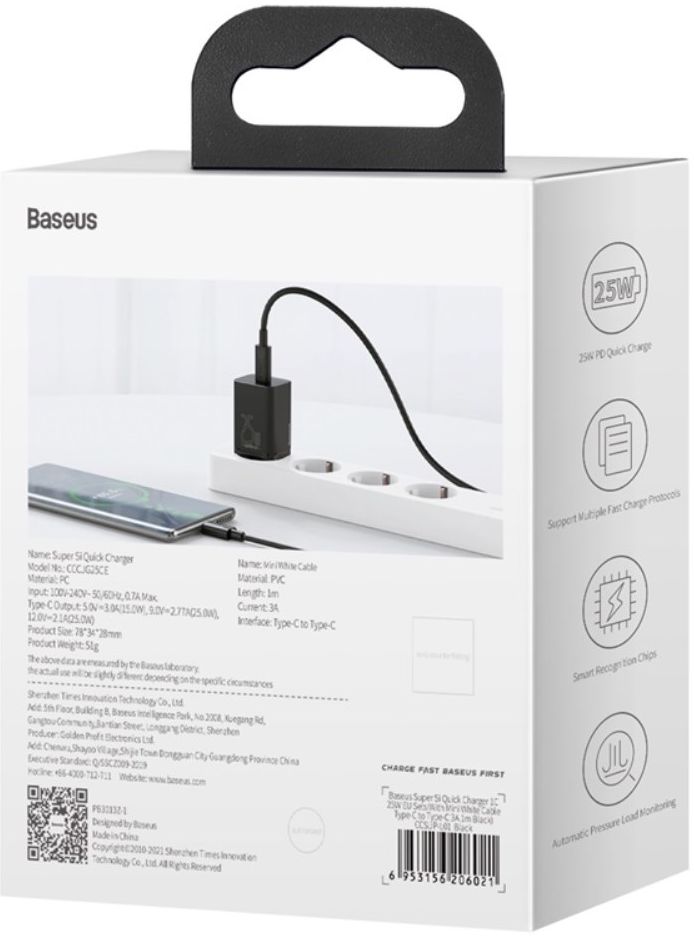 Baseus Super-Si Snellader Quick Charge 25W + USB-C Kabel 1M Zwart afbeelding 12