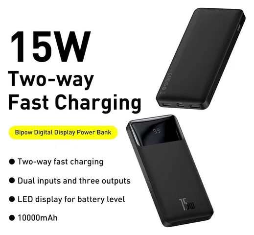 Baseus Bipow 10.000 mAh Powerbank Reisformaat Met Display Zwart 15W afbeelding 6