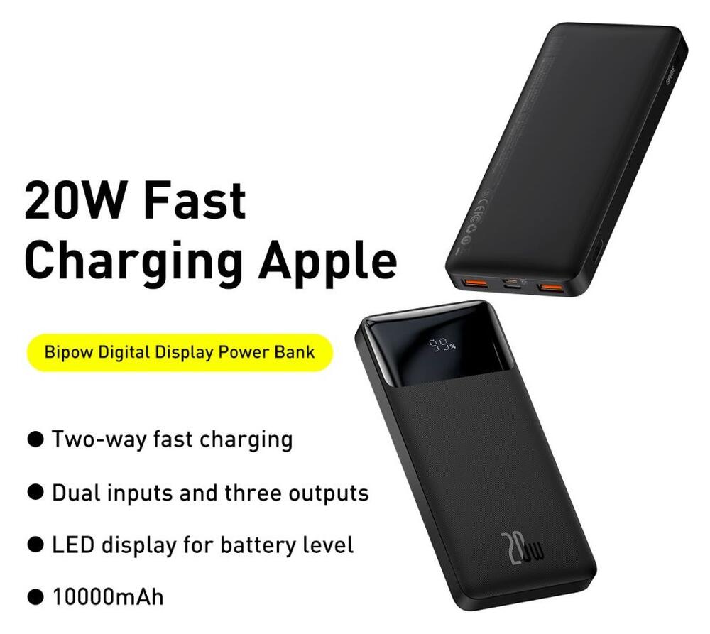 Baseus Bipow 10.000 mAh Powerbank Compact met PD Fast Charge Zwart 20W afbeelding 5
