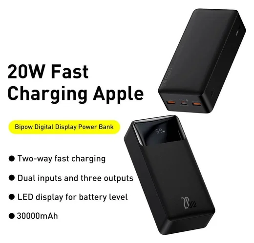 Baseus Bipow 30.000 mAh Powerbank Hoge Capaciteit Snel Laden Zwart 20W afbeelding 6