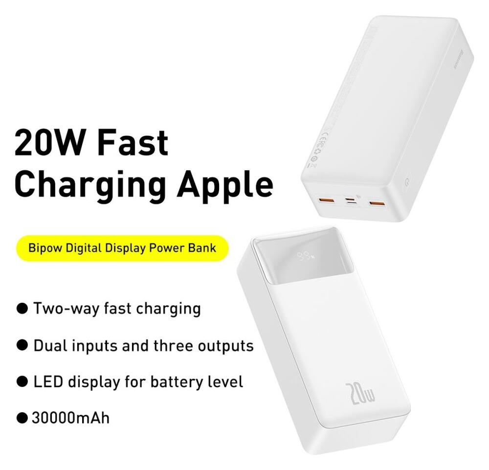 Baseus Bipow 30.000 mAh Powerbank Hoge Capaciteit Snel Laden Wit 20W afbeelding 9