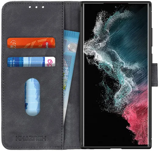 KHAZNEH Samsung Galaxy S22 Ultra Hoesje Retro Wallet Book Case Zwart afbeelding 1