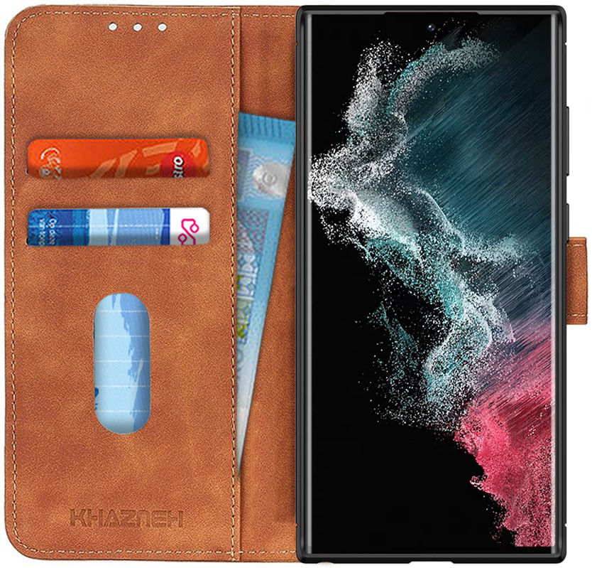 KHAZNEH Samsung Galaxy S22 Ultra Hoesje Retro Wallet Book Case Bruin afbeelding 1