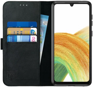 Rosso Deluxe Samsung Galaxy A33 Hoesje Echt Leer Book Case Zwart