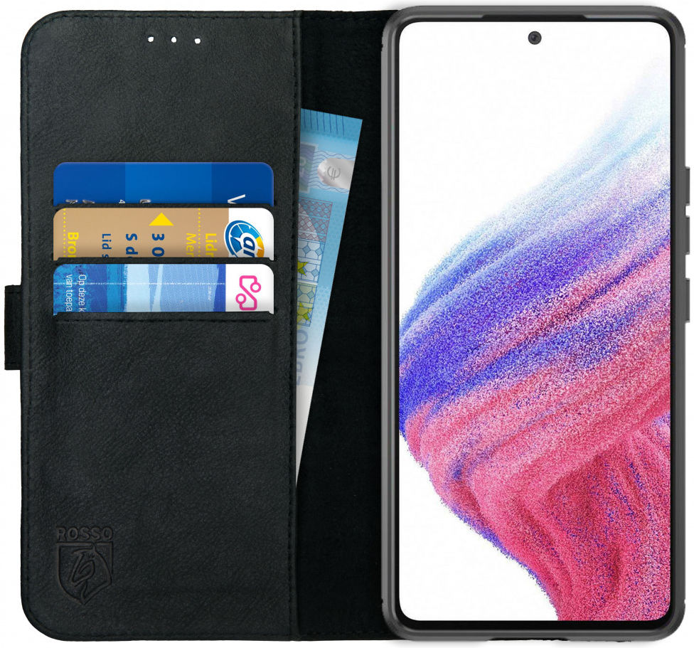 Rosso Deluxe Samsung Galaxy A53 Hoesje Echt Leer Book Case Zwart afbeelding 1
