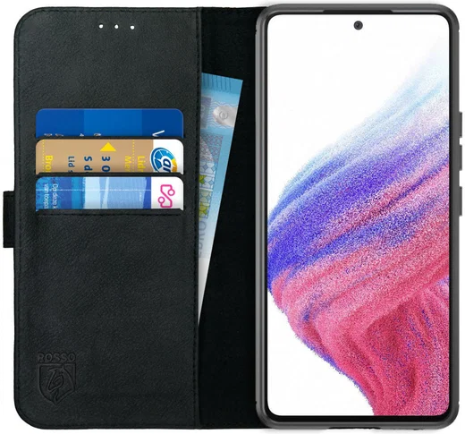 Rosso Deluxe Samsung Galaxy A53 Hoesje Echt Leer Book Case Zwart afbeelding 1