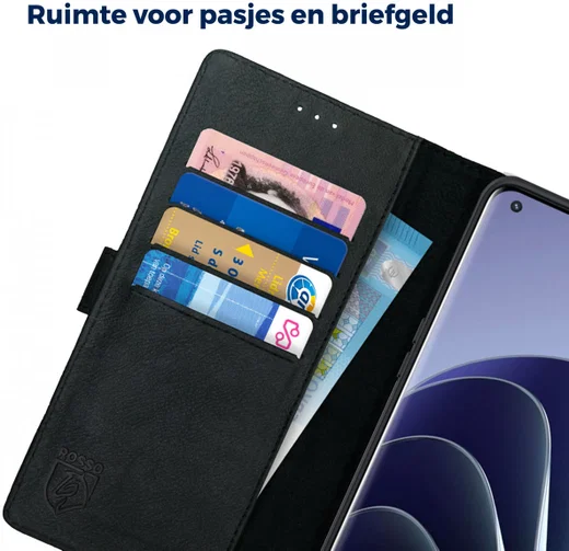 Rosso Deluxe OnePlus 10 Pro Hoesje Echt Leer Book Case Zwart afbeelding 5
