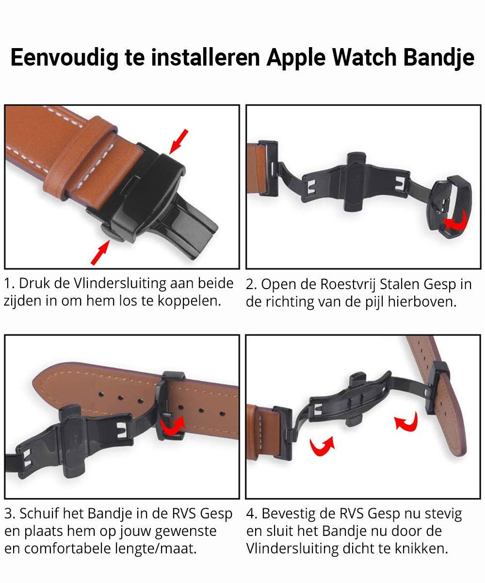 Apple Watch 1-10/SE/Ultra - 49/45/44/42MM - Leren Bandje met Metalen Sluiting afbeelding 10