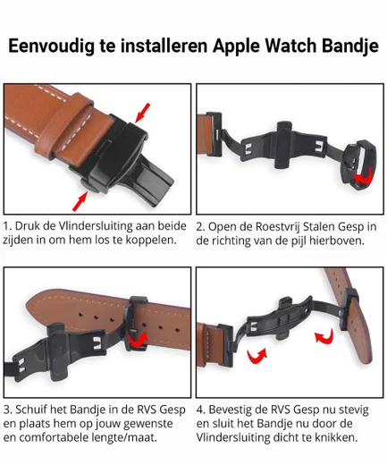 Apple Watch 1-10/SE/Ultra - 49/45/44/42MM - Leren Bandje met Metalen Sluiting afbeelding 10