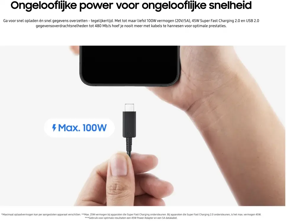 Originele Samsung USB-C naar USB-C Kabel 1.8 Meter 100W / 5A Zwart afbeelding 3