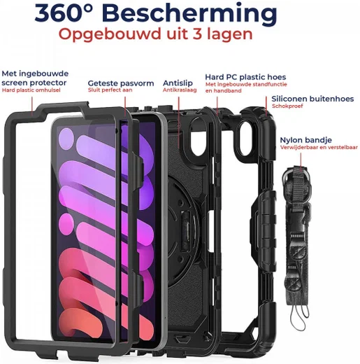 Apple iPad Mini 7 / 6 Hoes met Screen Protector en Handriem Zwart afbeelding 2