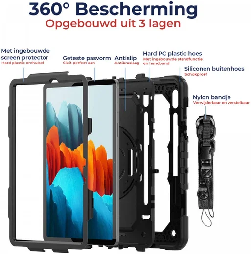 Samsung Galaxy Tab S7 Hoes met Screenprotector en Handriem Zwart afbeelding 2