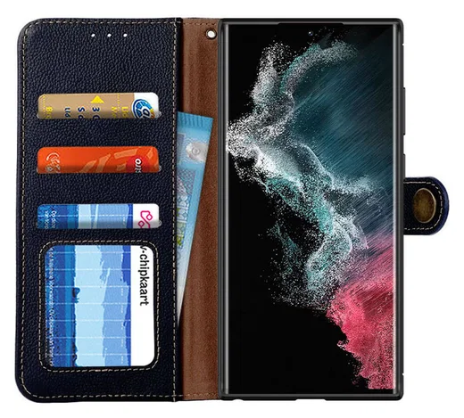 KHAZNEH Samsung Galaxy S22 Ultra Hoesje RFID Book Case Echt Leer Zwart afbeelding 1